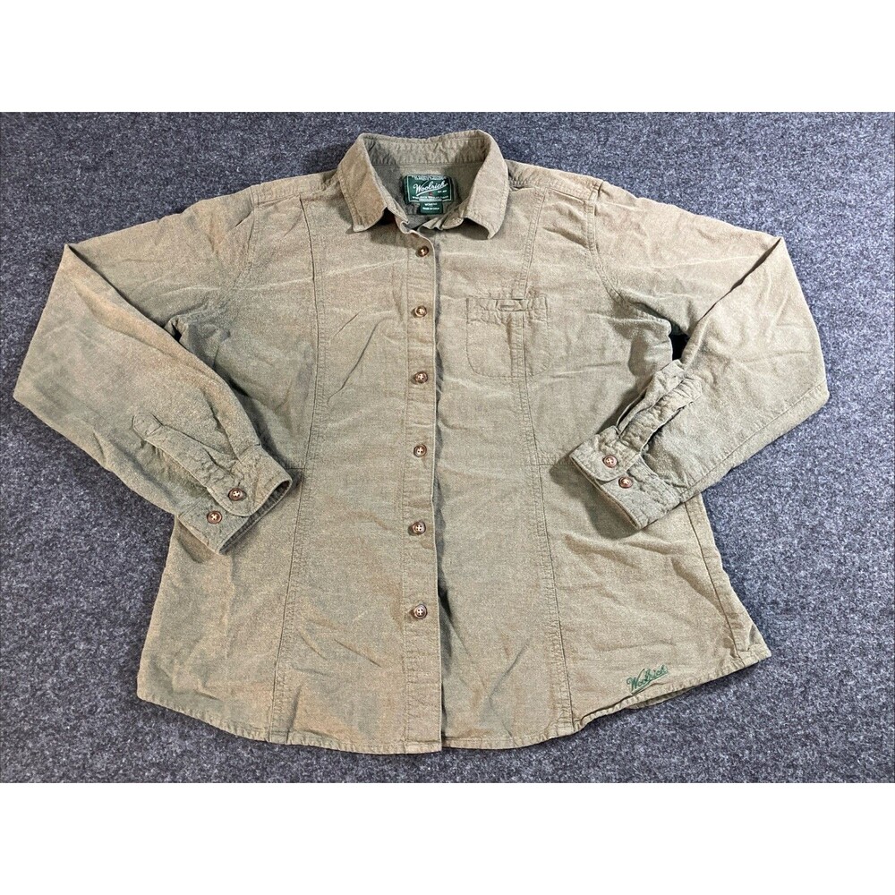 VTG Woolrich Womens XL Olive Sage Green Chamois Cotton Utility Work Shirt Top